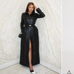 Sleek Black Leather Trench Coat
